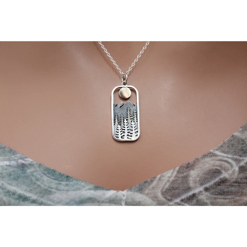 Sterling Silver Rectangle Pine Tree With Bronze S… - image 1